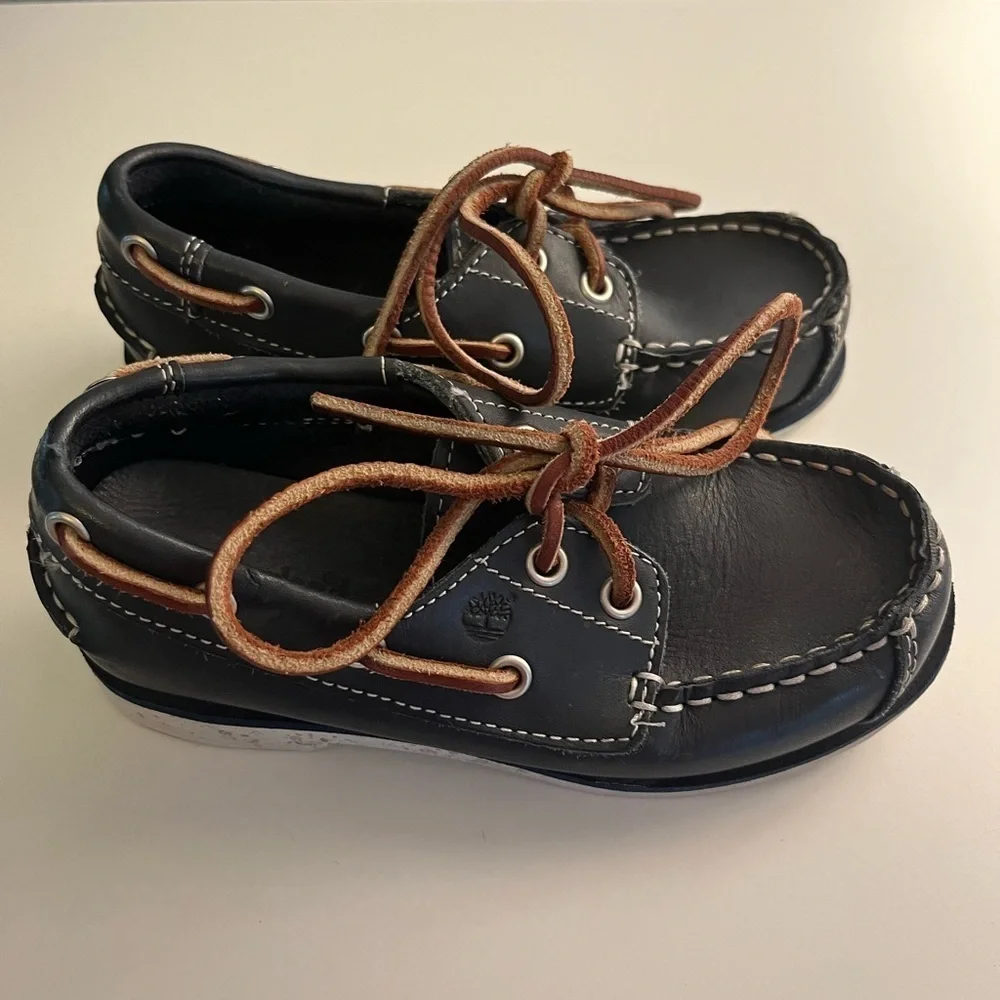Timberland Blue Boat Shoes White Stitching & Brown Laces